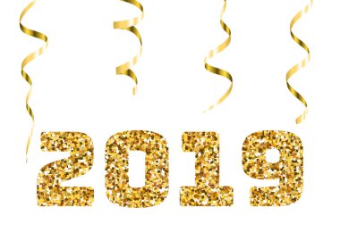 Mutlu yeni yıl 2019. Altın glitter parçacıklar ve parıldıyor. Tatil tasarım öğesi takvim, yeni yıl eğlencesi daveti, kart, poster, afiş, web için