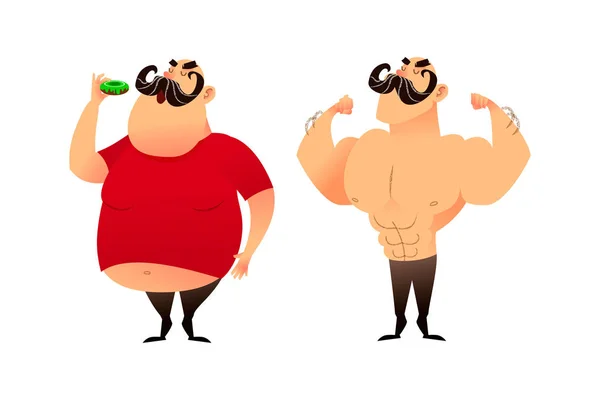 Tlustý chlap a sportovec. Před a po. Sportovat a jíst zdravé koncepty. Muž s obezitou je jíst koblihy. Silák a zápasník ukazují jejich svaly. Úspěšné hubnutí — Stockový vektor