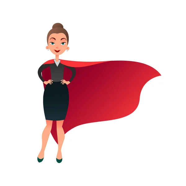 Vrouw superheld stripfiguur. Wonder vrouw met cape van superman. Vertrouwen business lady gericht op succes. Vlakke mooie vrouwelijke super held. — Stockvector