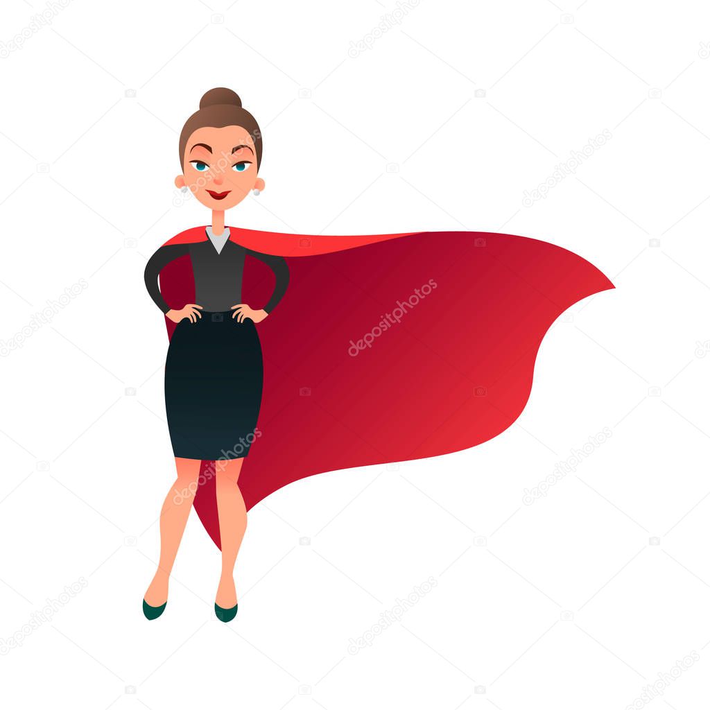 Woman superhero cartoon character. Wonder woman with cape of superman. Confident business lady focused on success. Flat beautiful female super hero.