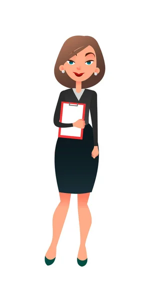Jovem gerente de escritório feminino bem sucedido. Desenhos animados inteligentes mulher plana personagem secretário no escritório. Senhora de negócios pronto para fazer a tarefa de negócios —  Vetores de Stock