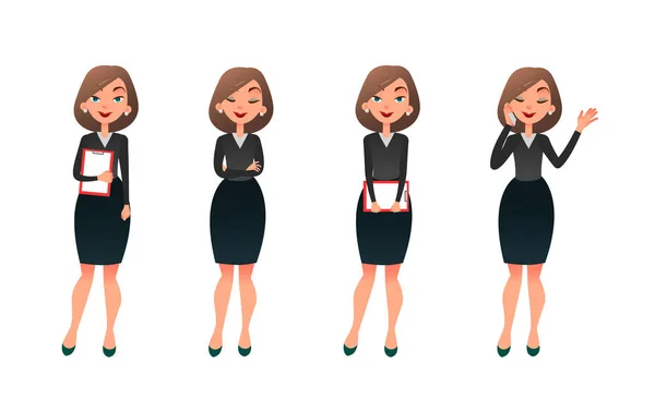 Définir femme d'affaires de caractère dans diverses poses. Secrétaire vecteur de bande dessinée ou enseignant sur différentes situations de travail. Femme d'affaires souriante caractère plat sur un fond blanc . — Image vectorielle