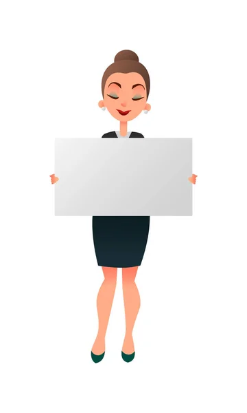 Igazgató asszony vagy tanár tartja egy fehér tábla, fehér háttérrel. Üzletasszony tart egy vízszintes poszter. Tanár üres jelzőtábla az copyspace bemutató. — Stock Vector
