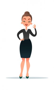 Bravo. İyi iş. Gülümseyen ve Ok işaret gösteren güzel karikatür işkadını.