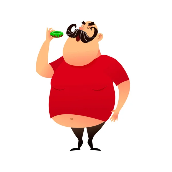 Gruby facet bierze gryza pączka. Śmieszne kreskówka mężczyzna otyłość w T-shirt z nagi brzuch. Puffy wąsaty duży szczęśliwy znak. Niezdrowe jedzenie i koncepcja szkodliwy styl życia — Zdjęcie stockowe