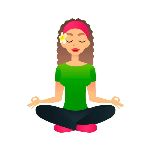 Dibujos animados joven hermosa chica practicando yoga en una pose de loto. Vector plano de las mujeres medita y se relaja. Concepto de terapia física y espiritual. Mente cuerpo espíritu. Señora en posición de loto — Vector de stock