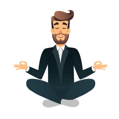 Oturma ve meditasyon karikatür düz mutlu ofis müdürü. Resimde yakışıklı işadamı sakin lotus poz rahat. Adam Yoga - gevşeme işyerinde. Sonra zor iş kavramı relax