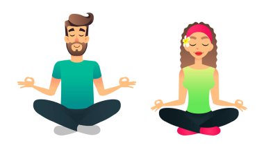 Erkek ve kadın lotus poz meditasyon. Karikatür mutlu evli çift pratik yoga dersi. Genç insanlar yoga asana yapıyor vektör.