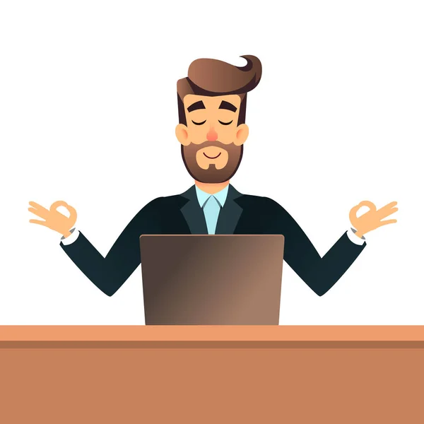 Businessman meditating in lotus pose for table in office with laptop. Business man get calm at workplace. Relax concept. Man rest in yoga asana. Peaceful after a hard work. Male ignoring work, no — Stock Vector