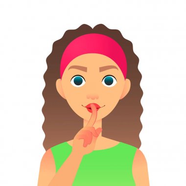 Çizgi filmdeki güzel kadın sessiz ol diyor. Parmaklarını dudağına koy. Düz vektör gizli kız. Parmaklı sessiz bir kadın hareketi. Shhh sembolü.