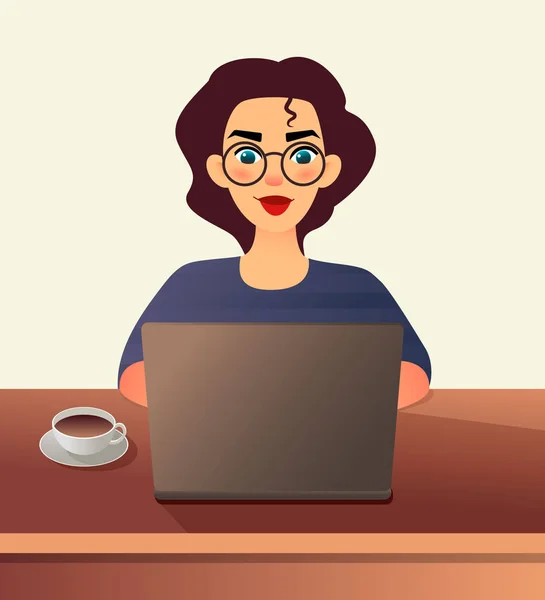 Girl freelancer. Young woman in glasses works at home sitting in front of a laptop. Cartoon flat girl working online or studying and learning while using notebook. Freelance work concept. — Stock Vector