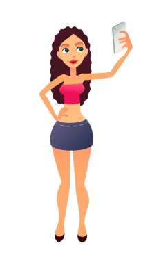 Mutlu genç kadın selfie smartphone önüne alarak. Güzel kız photografers kendini telefon. Sosyal ağların bir yıldız yayında poz.