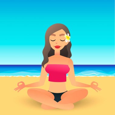 Çizgi film genç güzel kız sahilde yoga uygulamak. Düz vektör kadın meditasyon ve rahatlatır. Fiziksel ve ruhsal tedavi kavramı. Vücut spirit Mind. Bayan lotus pozisyonu.