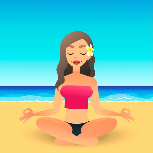 Dibujos animados joven hermosa chica en la playa practicando yoga. Vector plano de las mujeres medita y se relaja. Concepto de terapia física y espiritual. Mente cuerpo espíritu. Señora en posición de loto . — Vector de stock