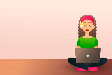 Şirin yaratıcı kız ahşap zeminde oturur ve dizüstü bilgisayarla çalışır. Not defteri kullanan güzel bir çizgi film kızı. Kadın blog yazarı konsepti. Dizüstü bilgisayarda çalışan düz bir kadın. İş yeri. Moda günlüğü.