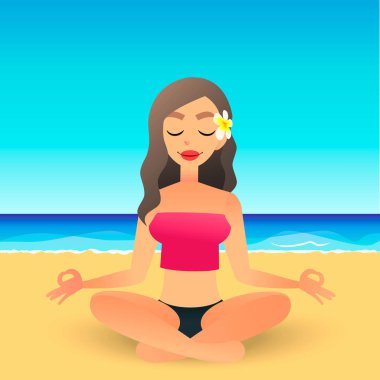 Çizgi film genç güzel kız sahilde yoga uygulamak. Düz kadın meditasyon ve rahatlatır. Fiziksel ve ruhsal tedavi kavramı. Vücut spirit Mind. Bayan lotus pozisyonu.