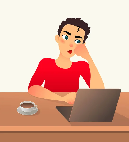 Girl freelancer bored. Young woman works at home sitting in front of a laptop. Cartoon flat girl working online or studying and learning while using notebook at cafe. Freelance work concept. — Stock Photo, Image