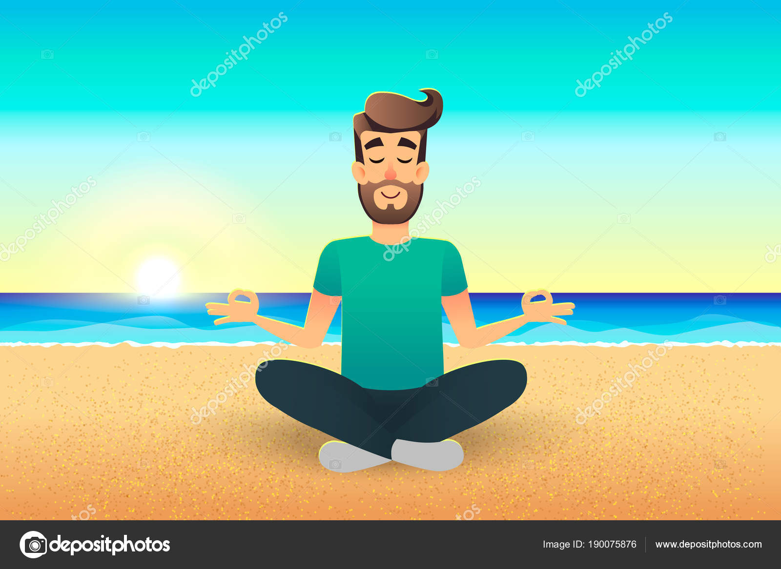 Cartoon Flat Happy Man Sitting On Beach And Meditating Illustration Of Handsome Male Relaxed Calm In Lotus Pose Man Yoga Relaxation In The Coast Relax Vacation Summer Holidays Concept Vector