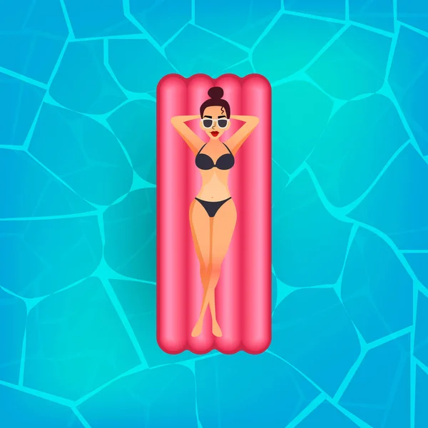Chica dulce de dibujos animados en gafas de sol está flotando en un colchón inflable en la piscina en la villa privada. Mujer joven disfrutando del bronceado. Señora vector plano en bikini en el colchón de aire rosa. Vacaciones o — Vector de stock