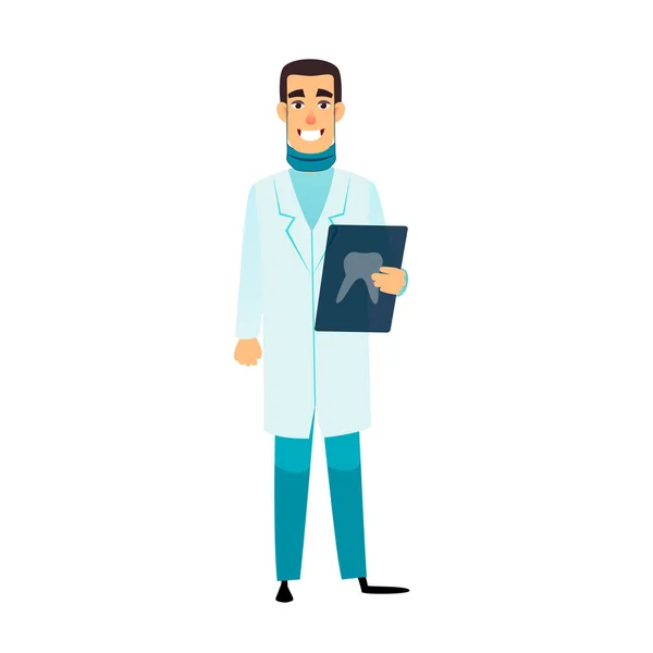 Dentist flat cartoon character. Stomatologist is holding an x-ray of the tooth. Doctor with radiograph. Dentist vector healthcare, profession, stomatology and medicine concept.