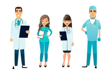 Doktor ve hemşirelerin ekip. Çizgi film sağlık personeli. Tıbbi takım kavramı. Cerrah, hemşire ve hastane terapist. Profesyonel sağlık çalışanları.