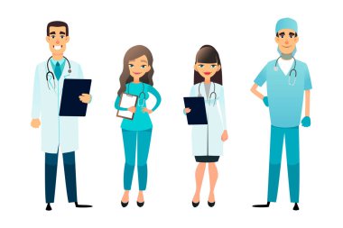 Doktor ve hemşirelerin ekip. Çizgi film sağlık personeli. Tıbbi takım kavramı. Cerrah, hemşire ve hastane terapist. Profesyonel sağlık çalışanları.
