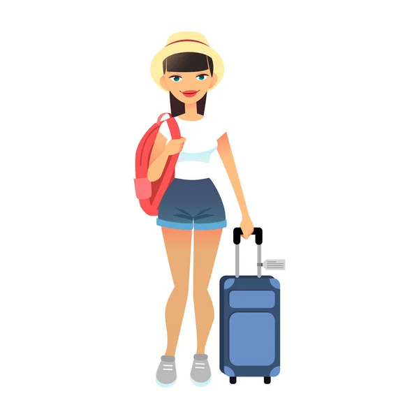 Utazási női turisztikai állandó csomagokkal. Fiatal lapos nő alkalmi ruhában poggyásszal repülőtéren. Vector Aranyos hölgy utazik táska és hátizsák. Utazási életmód fogalma. — Stock Vector