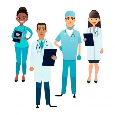 Doktor ve hemşirelerin ekip. Çizgi film sağlık personeli. Tıbbi takım kavramı. Cerrah, hemşire ve hastane terapist. Profesyonel sağlık çalışanları