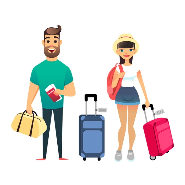 Travelling people waiting for airplane or train. Cartoon man and woman traveling together. Young cartoon couple go on vacation with suitcases and bags. Man holds Tickets and passports, girl holds — Stock Vector