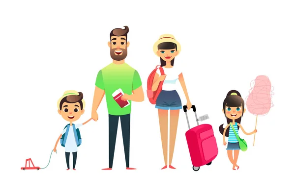 Travelling family people waiting for airplane or train. Cartoon dad, mom and child traveling together. Young cartoon couple, girl and boy go on vacation with suitcases and bags. Man holds tickets and — Stock Vector