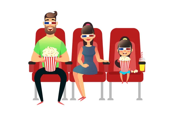 Szczęśliwe rodziny oglądanie filmów w kinie. Mama, Tata i córka w okulary 3d. Mężczyzna, Kobieta i dziewczynka siedzieć na siedzeniach i Oglądaj premierę z popcornem i napojami. Grupa osób Watch. — Wektor stockowy