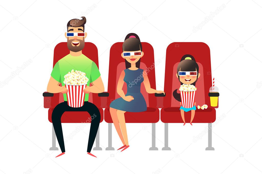 Happy family watching movie in the cinema. Mom, Dad and daughter in 3d glasses. A man, a woman and a girl sit on the seats and watch the premiere with popcorn and drinks. Group of people watch.