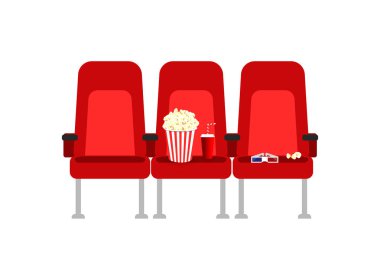 Patlamış mısır, içecekler ve gözlük ile bir film sinema koltukları. Düz vektör çizgi film sinema koltukları illüstrasyon. Film Sinema prömiyeri poster konsept tasarımı. Gösteri zamanı.