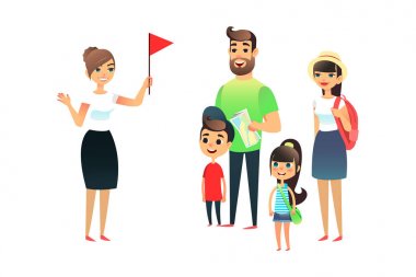 Rehber seyahat yerler hakkında söyledi. Turist bir grup kadın delâlet dinler. Bir harita ve şehir hakkında bir hikaye dinlemeye şeyler ile mutlu bir aile. Düz vektör seyahat kavramı.