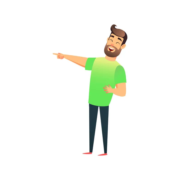 Young man laughs throwing his head and screwing up his eyes. Happy man is pointing his finger at something funny. Laughing flat guy character. — Stock Vector