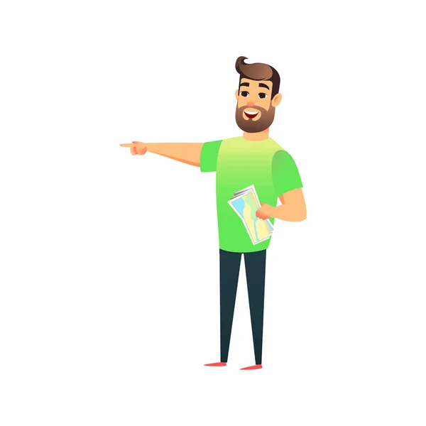 Happy young man with a beard showing his hand to the sightseeing. A man with a paper map examines the sights on the journey. Male flat traveller pointing finger to the side. — Stock Vector