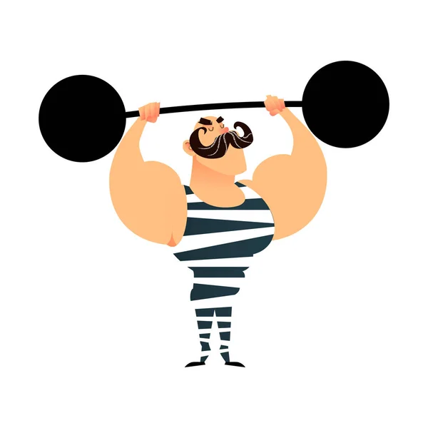 Divertido circo de dibujos animados hombre fuerte. Un atleta musculoso fuerte levanta la barra. Deportista retro con bigote. Tipo de vector plano personaje con barra de metal pesado. Culturista — Vector de stock