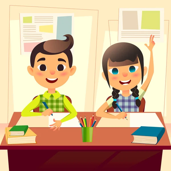 Happy children at school desk. Kids at school in class. The boy writes the assignment in the notebook. Girl two fingers up for answer. Cartoon flat students characters. Back to school concept — Stock Vector