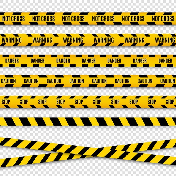 Police caution danger line. Warning barrier. Black and yellow security vector ribbon. — Stock Vector