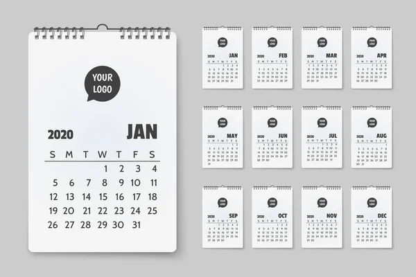 2020年挂历模板。 白色企业日历，2020年，带有标识空间 — 图库矢量图片