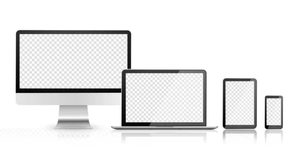Conjunto de dispositivos con pantalla vacía. Monitor de computadora en blanco, teléfono, tableta y computadora portátil — Vector de stock