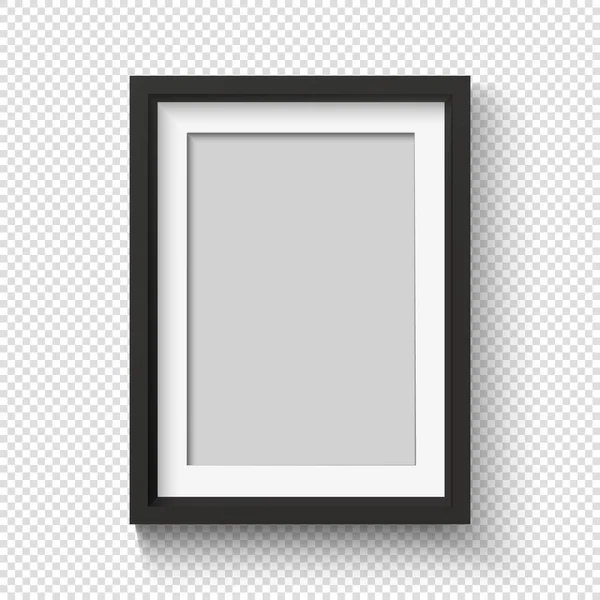 Black photo frame on wall for picture. Realistic empty simple photoframe. 3D poster with shadow. — Stock Vector