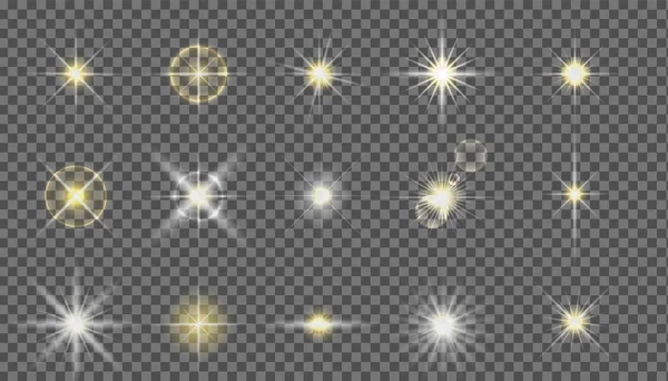 Efecto de luz de cámara flash. Estrellas brillantes realistas. Vector brillo elemento conjunto — Vector de stock