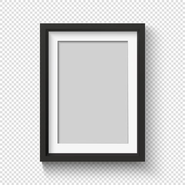 Resim için duvarda siyah bir çerçeve. Gerçekçi boş basit bir fotofram. Gölgeli 3D poster.