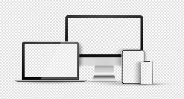 Conjunto de dispositivos con pantalla vacía. Monitor de computadora en blanco, teléfono, tableta y computadora portátil — Vector de stock