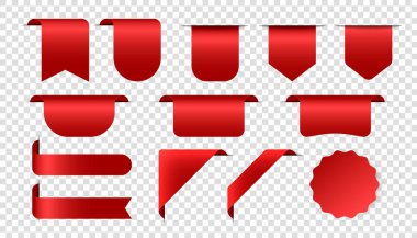 Etiket şekli. Yeni ya da satış rozetleri. Kırmızı etiket. Vektör kurdeleleri ve afişler. Lüks kırmızı ipek gerçekçi şablon.