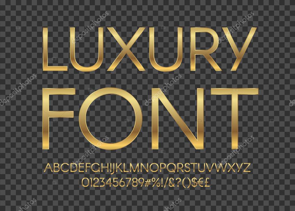 Gold luxury letters. Golden font. Elegant metal effect. Vector gloss typography. Fashoin digital fonts