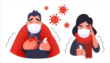 Çin 'de Coronavirus. Tıbbi maskeli insanlar. Endişeli erkek ve kadın. Corona virüsü belirtileri. Vektör tıbbi konsepti