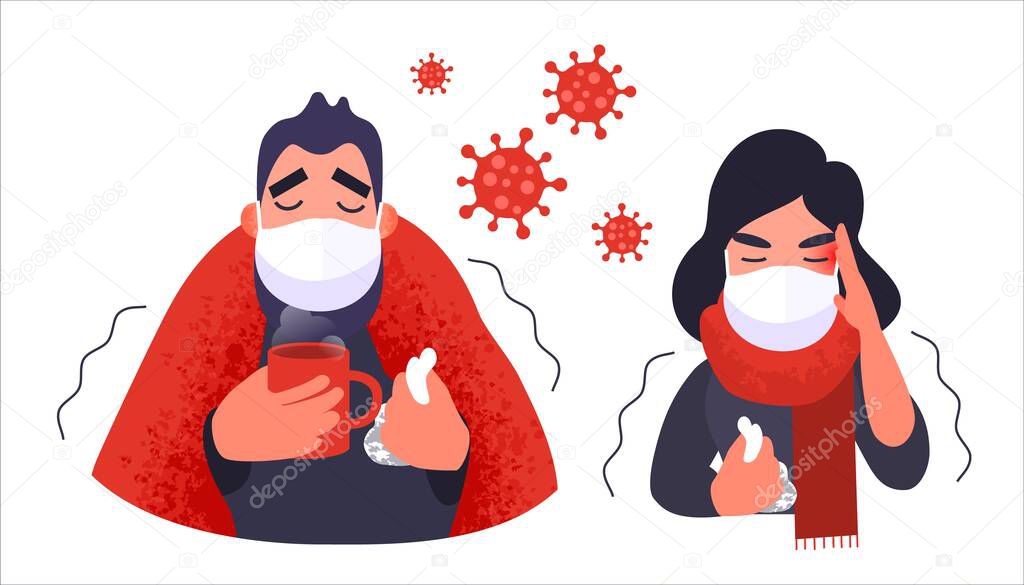 Coronavirus in China. People in medical face mask. Anxiety man and woman. Corona virus symptoms. Vector medical concept