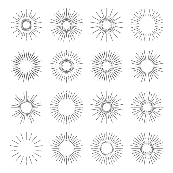 Iconos de Sunburst. Logo de explosión de chispa Starburst. El sol vectorial irrumpió rayos. Juego de insignias de explosión Sunshine . — Vector de stock